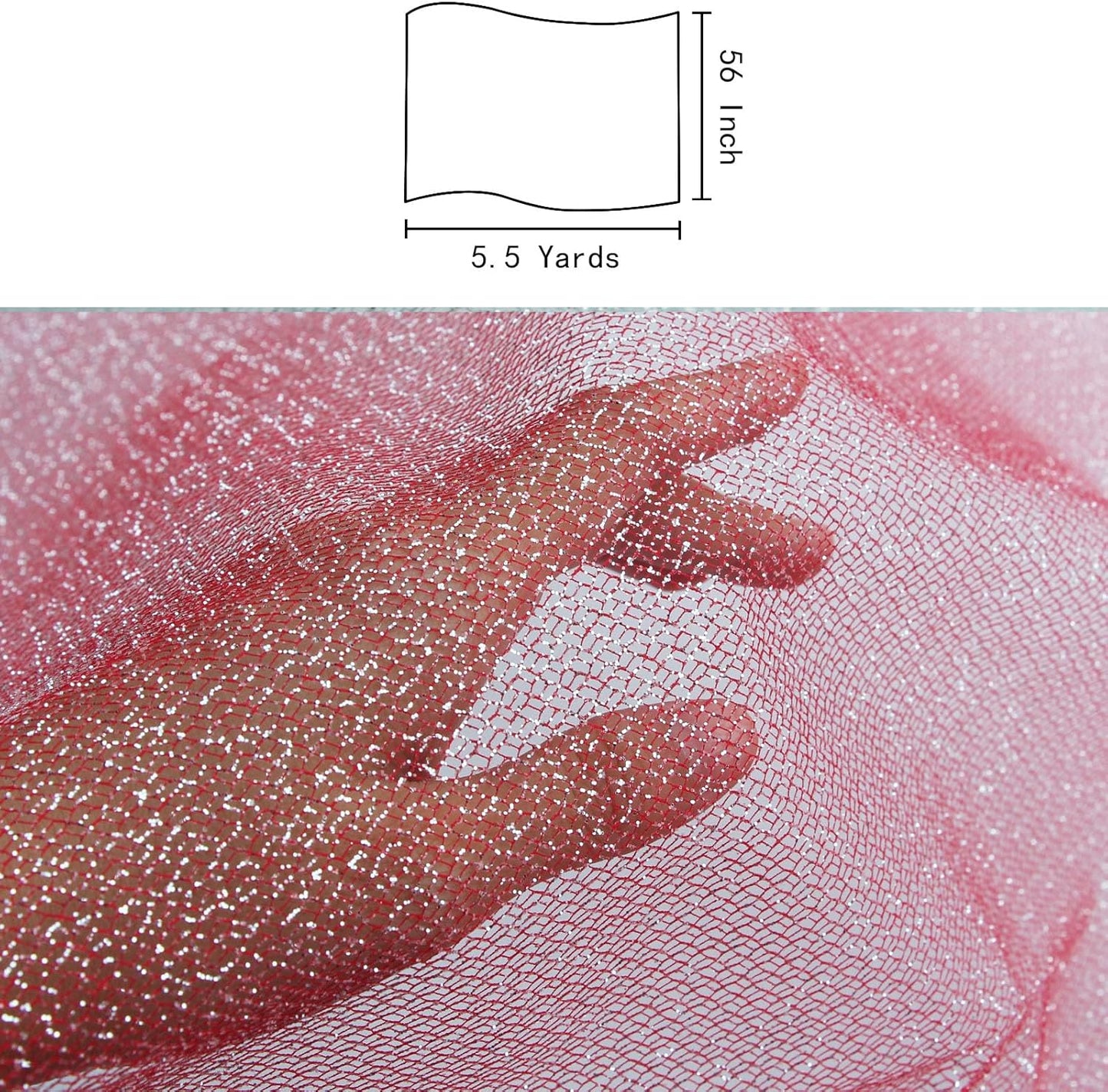 Glitter Tulle Fabric 56 Inch by 5.5 Yards Fabric Tulle Bolt for Wedding Christmas Decorations DIY White Tutu Baby Shower Table Skirt Ceiling Decor Birthday Party Craft Supplies-Red