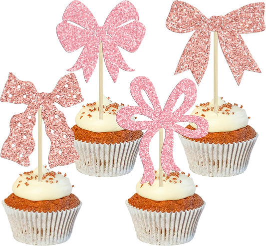 Ephlyn 24pcs Pink & Rose Gold Bow Cupcake Toppers - Perfect for Birthday, Baby Shower, Bridal Shower & Wedding Parties