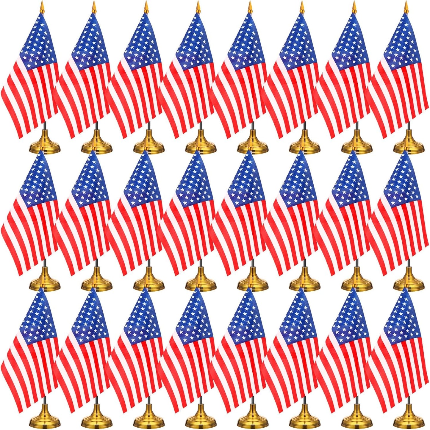 24 Pcs American Desk Flag Set Small USA Flags for Table with 13" Black Pole, Gold Base and Spear Top, American Flag for Home Office Party Festival Celebrations Decor