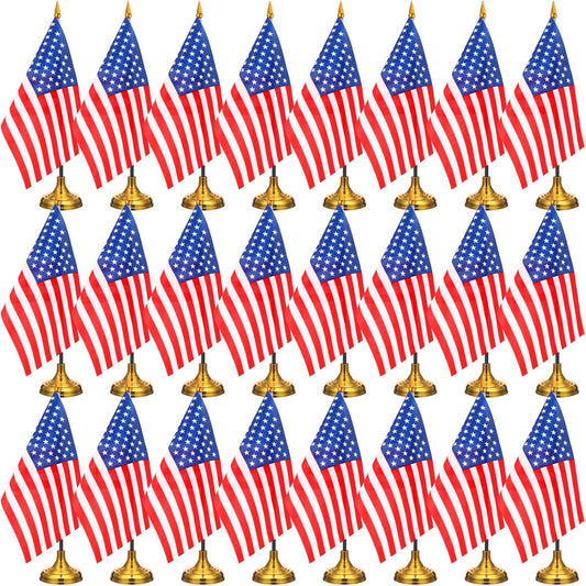 24 Pcs American Desk Flag Set Small USA Flags for Table with 13" Black Pole, Gold Base and Spear Top, American Flag for Home Office Party Festival Celebrations Decor