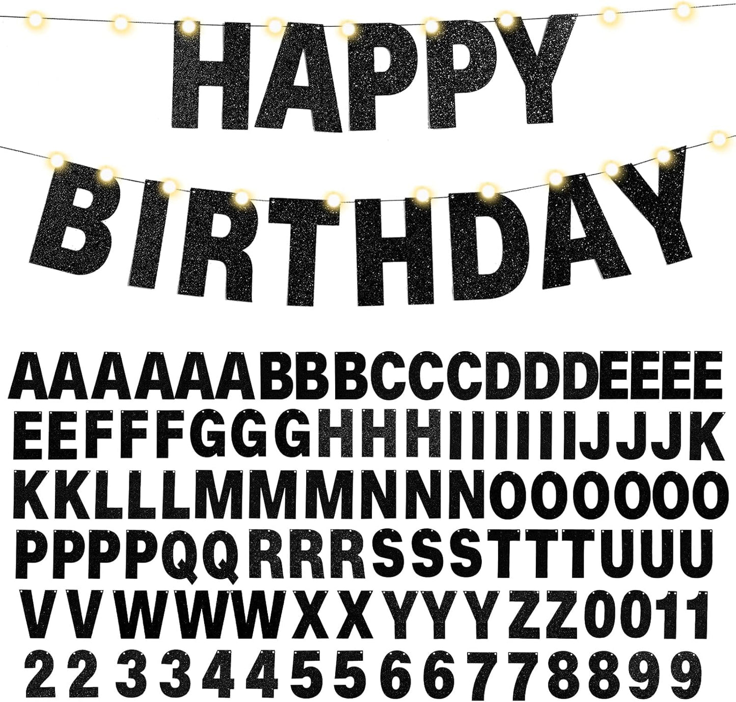 TaoBary 112 Pcs DIY Letter Kit Glitter Customizable Banner Letters Include 107 Letters and Numbers 3 Rope and 2 Needles for Birthday Halloween Christmas Wedding Valentine Party Decor(Black)
