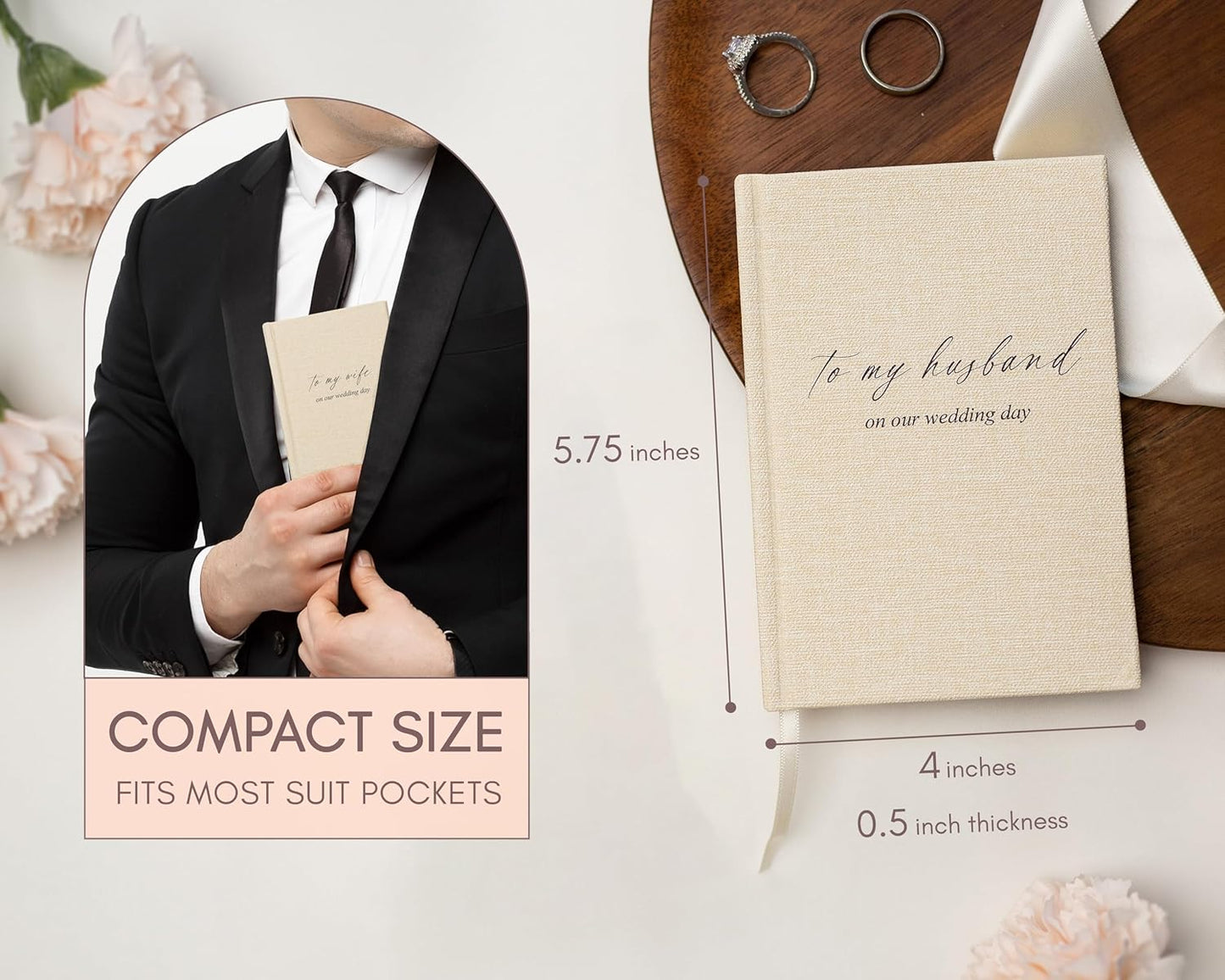 To My Wife/Husband on Our Wedding Day (Set of 2) - 5.75 x 5 Minimalist Pocket Sized Black Embossed Wedding Ceremony Vow Renewal Notebook Journal