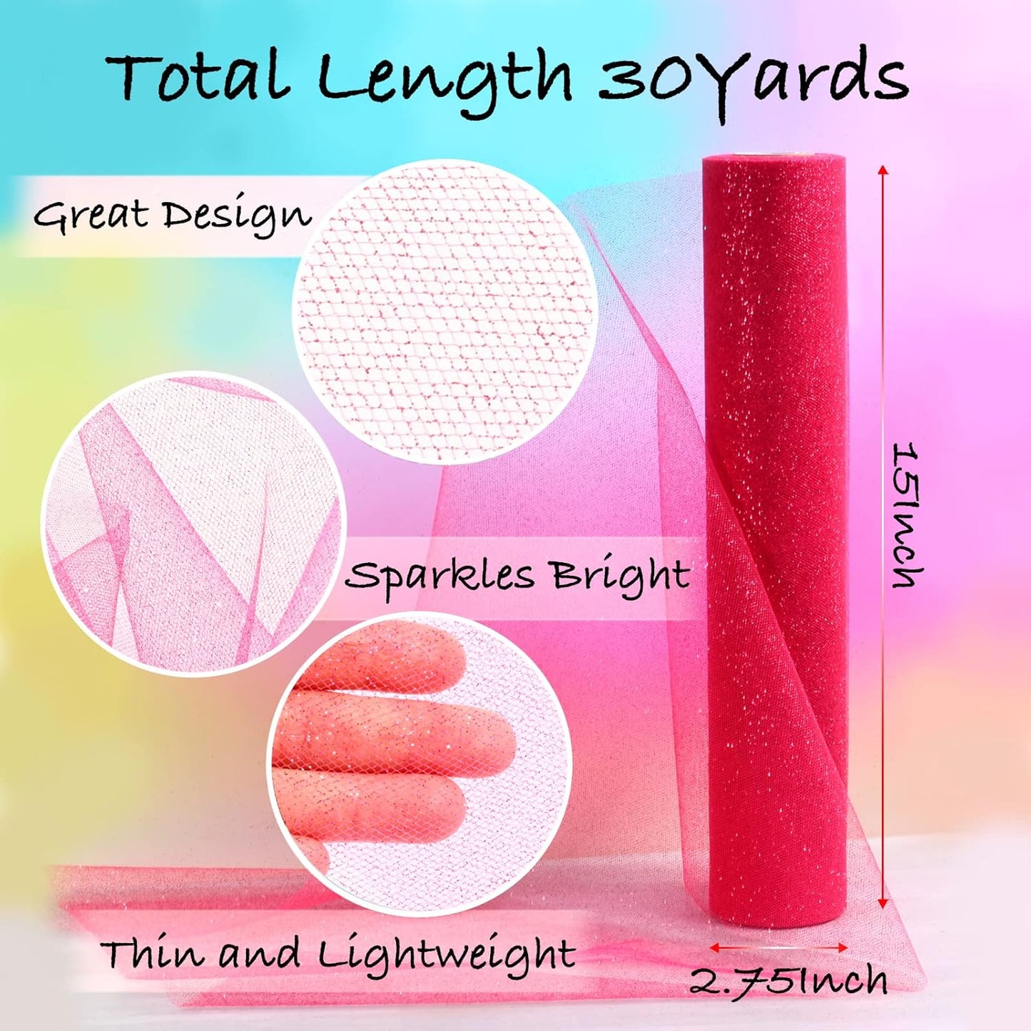 Sparkling Tulle Rolls, 15” by 30 Yards (90FT) Glitter Tulle Spool Ribbon Fabric for Wedding Birthday Bridal Shower Tutu Skirt Party Gift Wrapping (Fuchsia)
