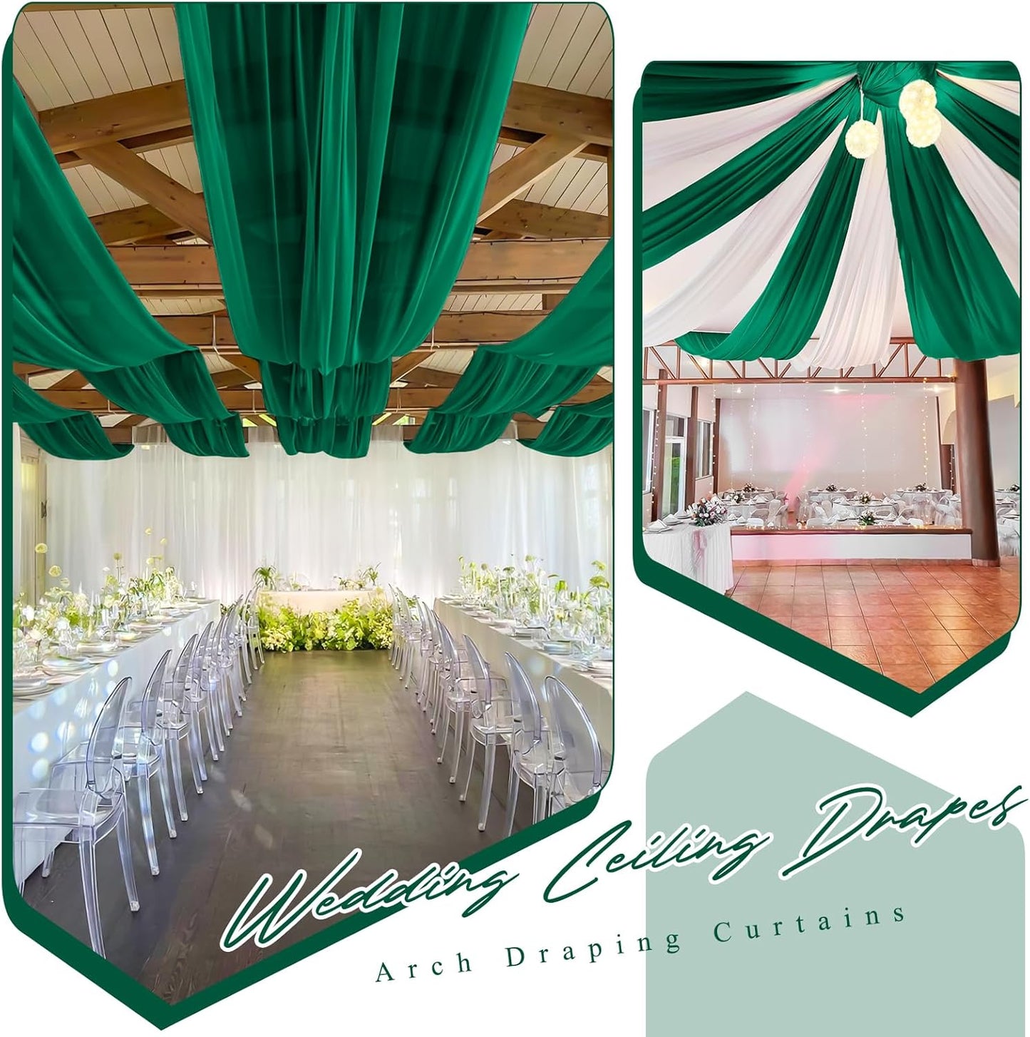 6 Panels Emerald Green Ceiling Drapes for Wedding 5ftx10ft Chiffon Fabric Arch Draping Curtains Sheer Drapery for Party Ceremony Birthday Baby Shower Reception Stage Swag Ceiling Decorations