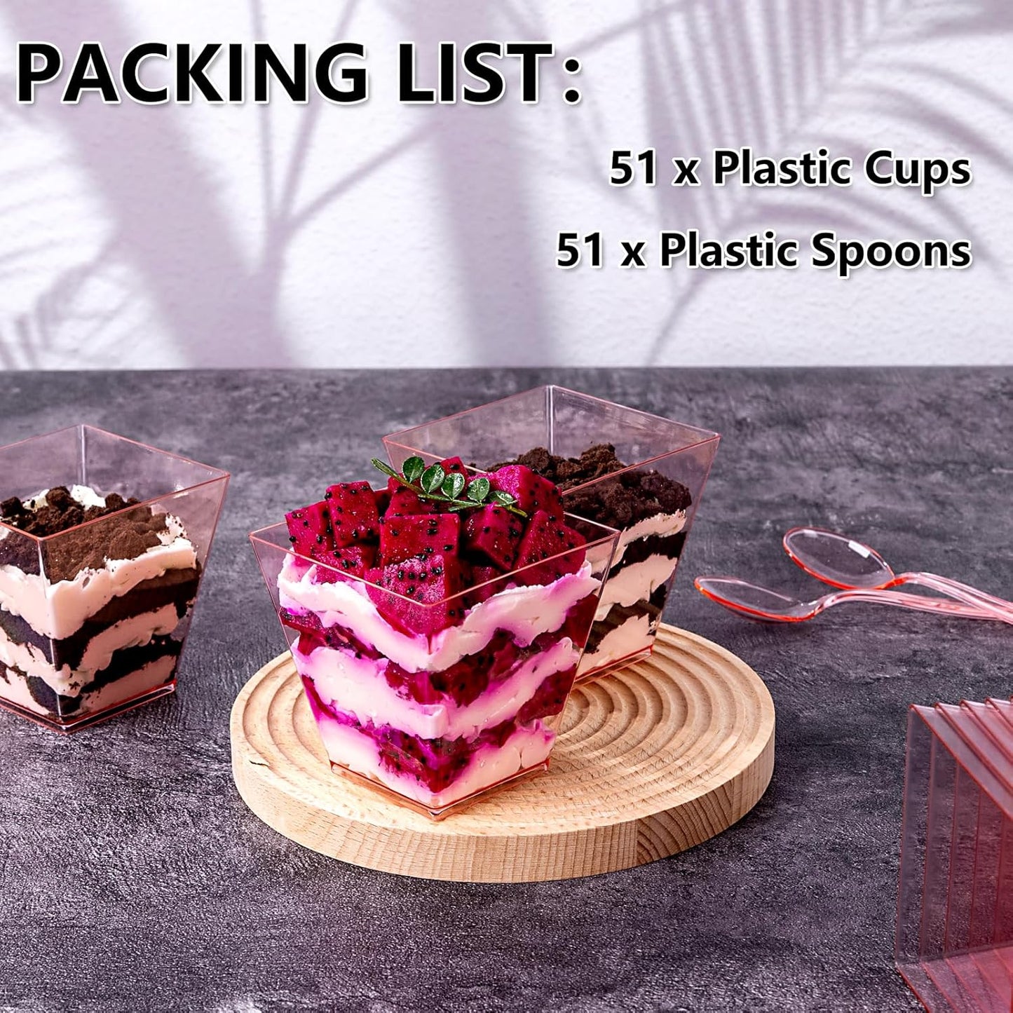 YOUBET 102 PCS Plastic Dessert Cups - 8oz Pink Clear Square Cups - 51 Pack Mini Appetizer Cup with Pink Tasting Spoons for Pudding, Fruit, Yogurt Parfait and Ice Cream