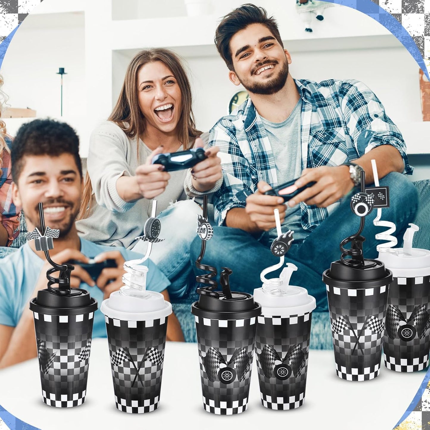 Yungyan 24 Sets Checkered Flag Party Favors Goodie Cups with Lids and Straws for Birthday Decorations Reusable 16oz Plastic Candy Cups Plastic Straws for Birthday Party (Checkered Flag)