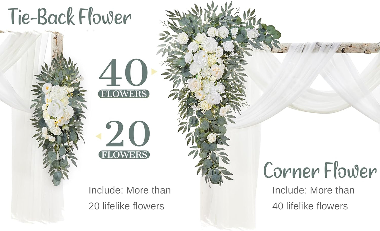 Wedding Arch Flowers with Drapes Kit (Pack of 4) - 2pcs Artificial Ivory & White Deluxe Swag with 2pcs Sheer Drapes for Wedding Ceremony Arbor Reception Backdrop Rose Floral Decoration