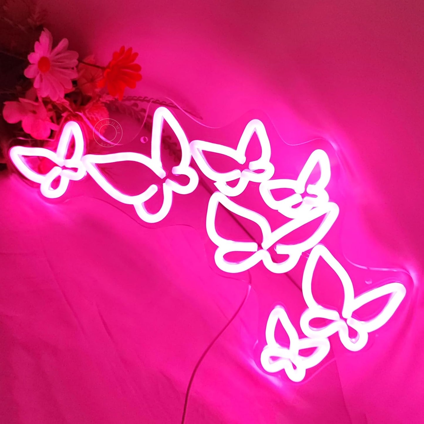 SYLHOME Pink Butterfly Led Neon Light Sign Girls Bedroom Kids Room Beauty Studio Living Room Wedding Birthday Christmas Party Light Up Sign 16.5" X 8.9" USB