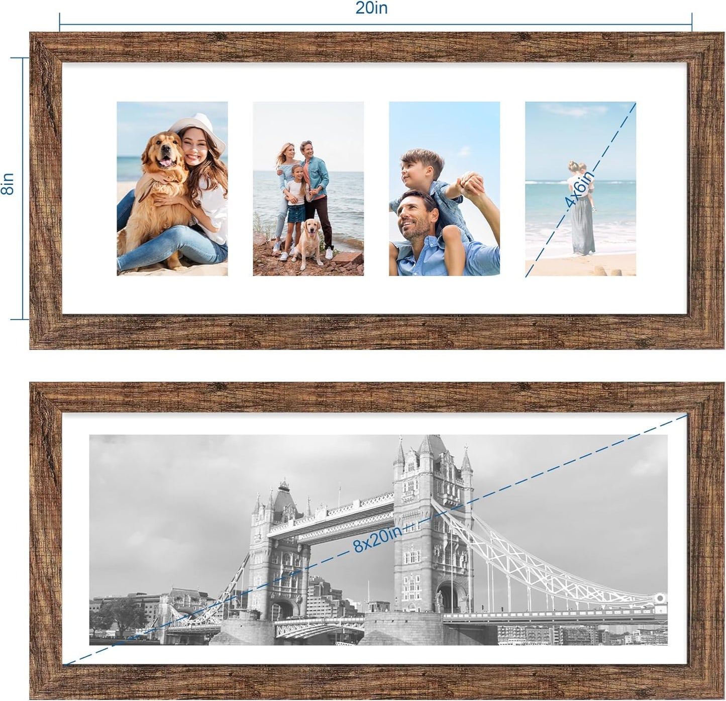 8x20 Picture Frame Set of 2, Rustic Brown Wood Frame with Tempered Glass Collage Frame, Display Pictures Four 4x6 With Mat or 8 x 20 Without Mat - Horizontal or Vertical Wall Mounting