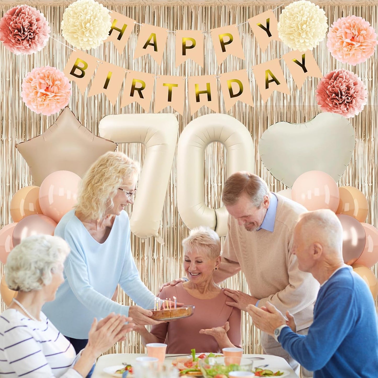 Beige 70th Birthday Decorations for Women Cream Number 70 Balloon Nude Gold Happy Birthday Banner Fringe Curtain Paper Pom Poms Blush White Sand Champagne Star Foil Balloons Neutral Boho Party Decor
