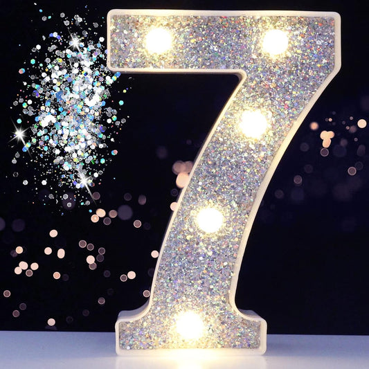 Pooqla Marquee Light up Numbers, Lighted Numbers for 7th Birthday Decorations, Night Light Battery Powered for Silver Party Decorations, Gift for Boys Girls Christmas Wedding Home Room Decoration