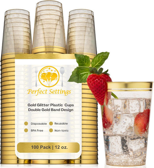 Perfect Settings 100 Premium 12oz Hard Plastic Cups Clear Glitter Gold Plastic Double Colored Rimmed Cups Fancy Disposable Wedding Cups Elegant Party Cups with Twin Colored Rim (Glitter Gold Rim, 12)