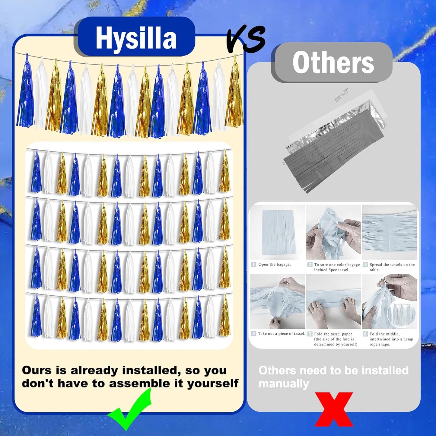 6P Navy-Blue White-Gold Foil Fringe Metallic Tassel-Garland, Tassels Banner Streamers for Parade Floats, Bachelorette, Wedding, Birthday, Graduation, Christmas, Bridal/Baby Shower Party Decorations