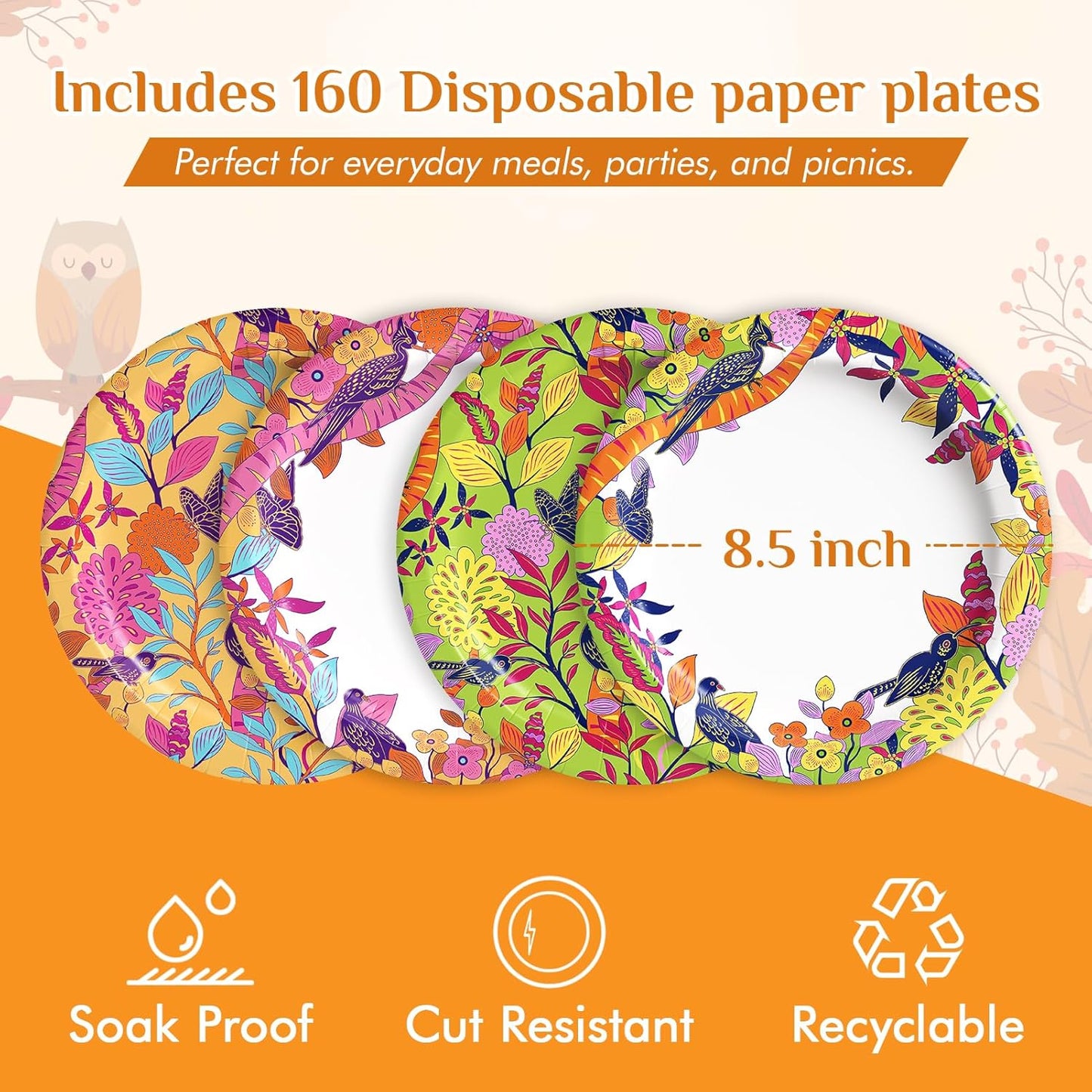 MUCHII 8.5 Inch Floral Bird Paper Plates 160 Count - 4 Vintage Designs, 40 Each - Decorative Disposable Dessert Plates for Parties, Wedding, Shower, Tea Party