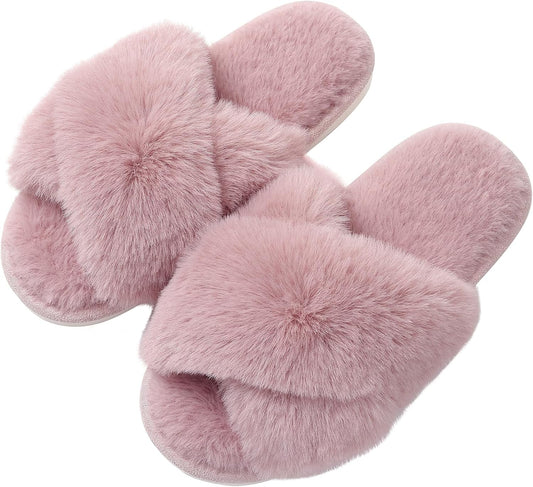 Evshine Women's Fuzzy Slippers Cross Band Memory Foam House Slippers Open Toe