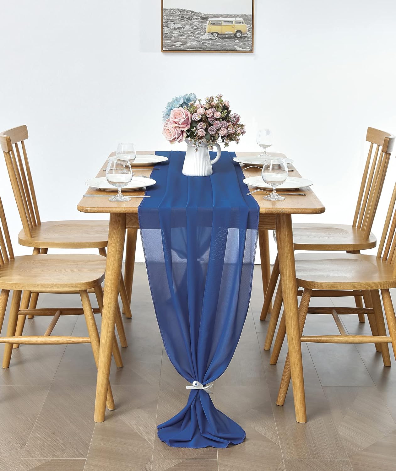 2 Pack 10Ft Royal Blue Chiffon Table Runner Sheer 29x120 Inch for Romantic Wedding Decor Bridal & Baby Shower Birthday Rustic Party Decoration