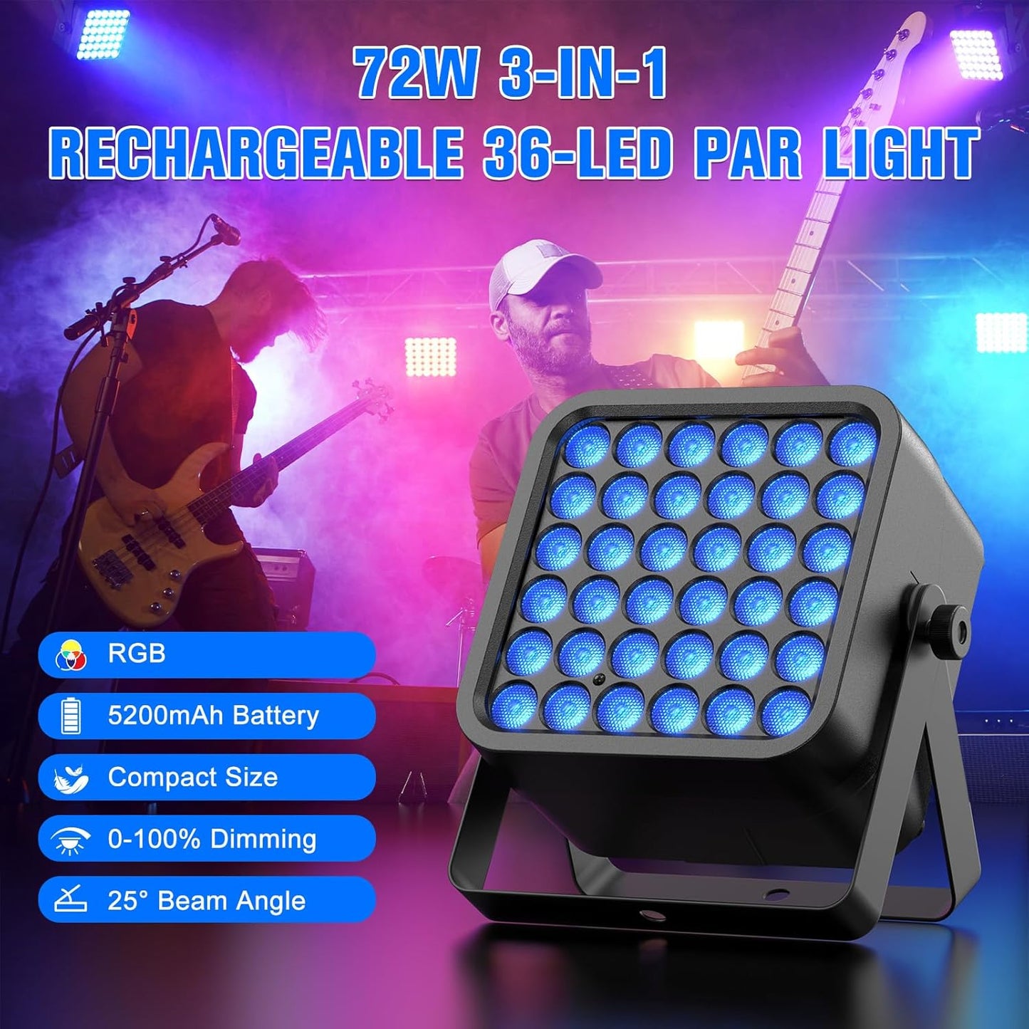 Rechargeable Par Can Lights, 72W RGB 5200mAh Uplights Battery Powered Stage Light, Wireless DJ Lights Sound Activated with Remote & DMX Control for Festivals, Weddings, Bars, Churches, DJ (10 Packs)