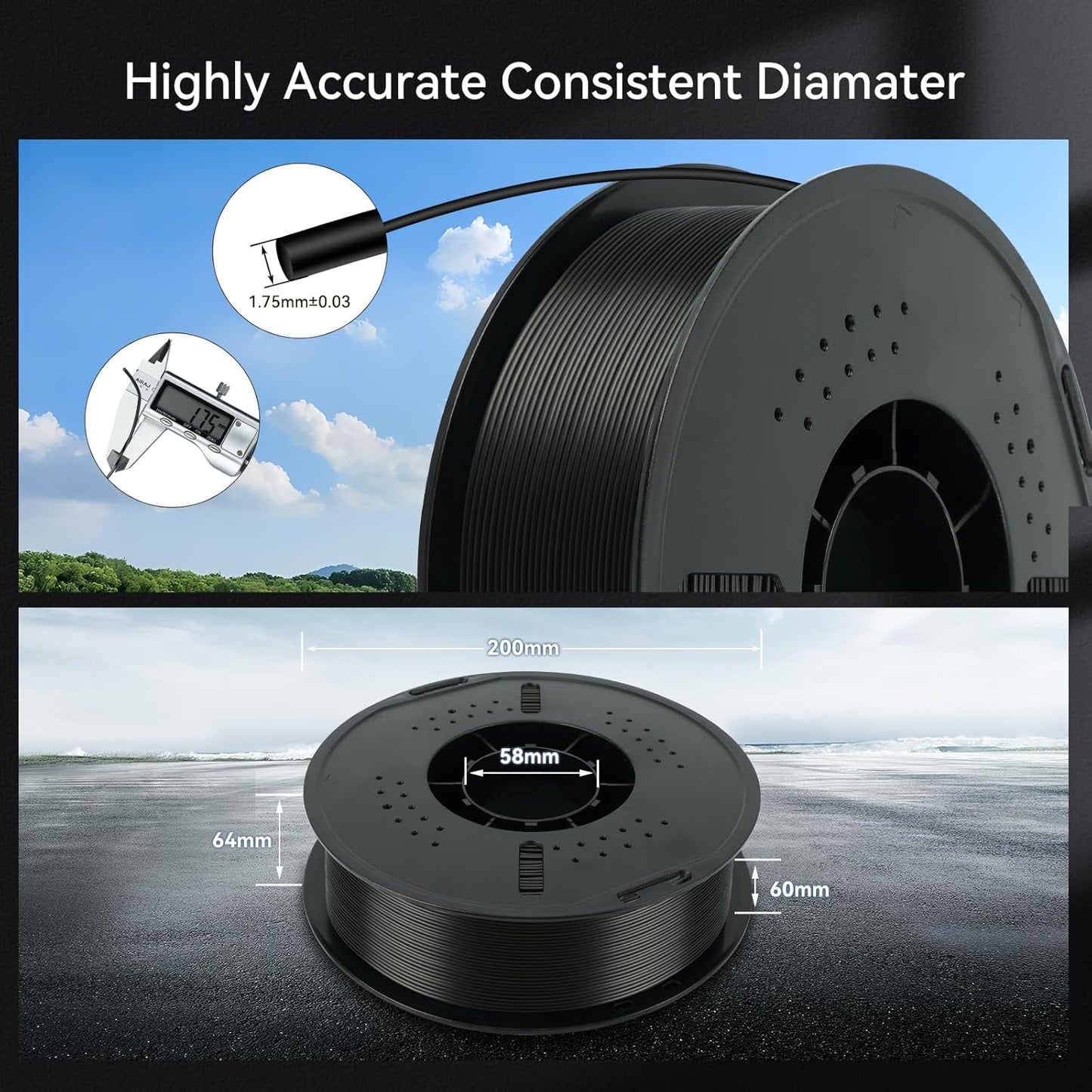 Kingroon 16KG Black PLA Filament 1.75mm 3D Printer Filament Pla Filament Dimensional Accuracy +/- 0.02mm, Fit Most FDM Printer, 1KG X 16 Spools