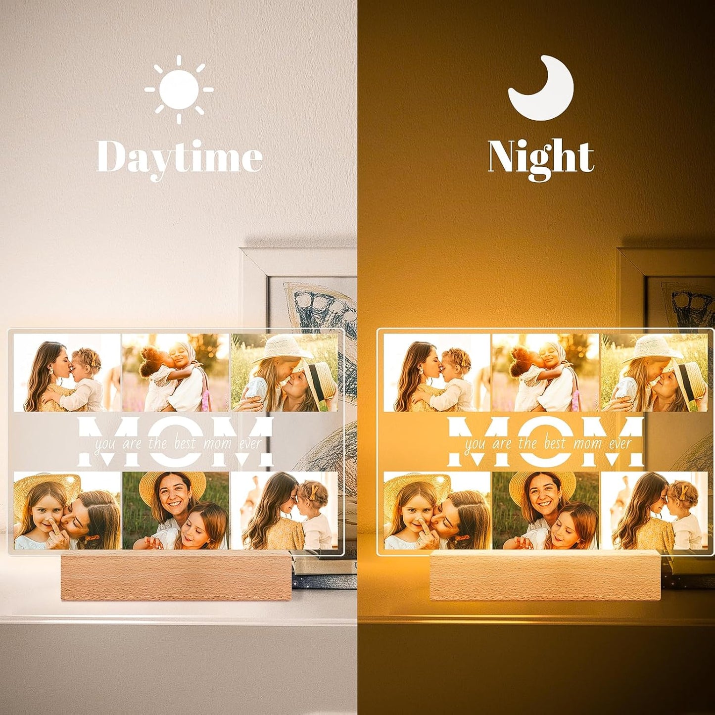 Personalized Gifts for Mom from Daughter Son, Custom Picture Frames with Photos, Customized Photo Frame with Night Light, Personalized Birthday Gifts for Mom Baby Kids Family
