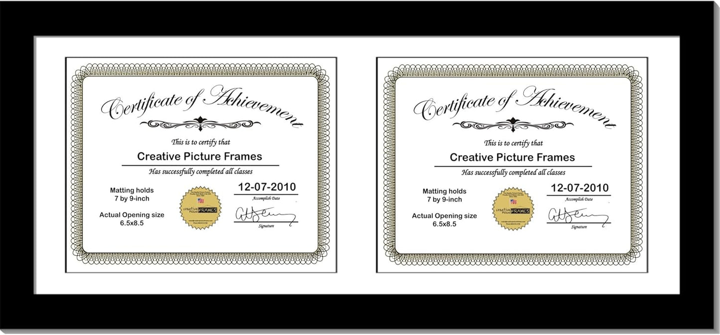 Creative Picture Frames 10X20Bk-W Black Horizontal Double Diploma Frame With 2 Opening White Matting | Holds 2-7X9-Inch Documents With Installed Wall Hanger