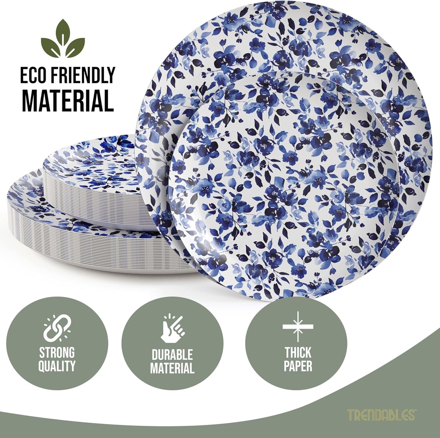 Trendables Heavy Duty Paper Plates Set For 16 Guests - 16 Each Of 8-inch And 10-inch Disposable Plates For Party - Fancy 32 Piece Dinnerware Set For All Occasions | Floral Design, Bluebelle