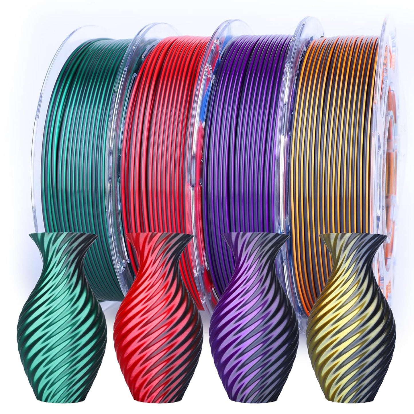 3D Printer Filament Bundle, Silk PLA Filament 1.75mm, Dual Color Filament 200gX 4 Spools Silk Filament Bundle Multicolor