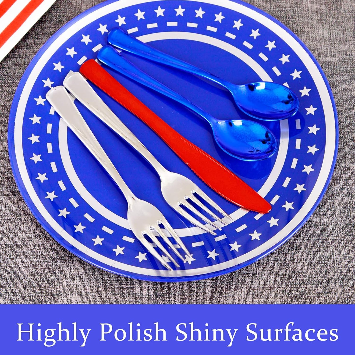 NOCCUR 180PCS Independence Day Silverware - 4th of July Tricolor Plastic Cutlery - Include 60 Red Knives, 60 Silver Forks, 60 Blue Spoons - Ideal for Independence Day