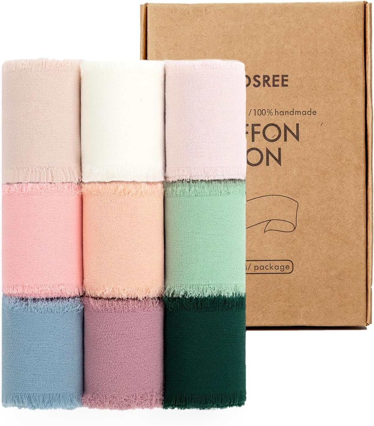 9 Rolls Multicolour Handmade Chiffon Ribbon,1.5" x 21Yd Frayed Fringe Silk Ribbons (9 Rolls *2.3Yd) for Gifts Wrapping, Wedding Invitations, Bridal Bouquets, Decorations