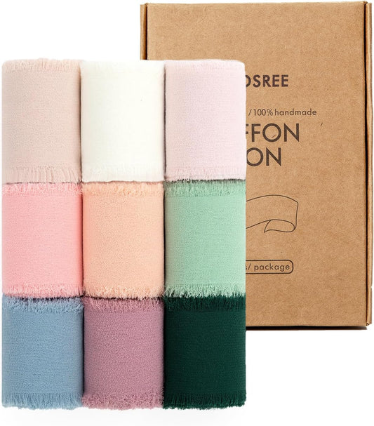 9 Rolls Multicolour Handmade Chiffon Ribbon,1.5" x 21Yd Frayed Fringe Silk Ribbons (9 Rolls *2.3Yd) for Gifts Wrapping, Wedding Invitations, Bridal Bouquets, Decorations
