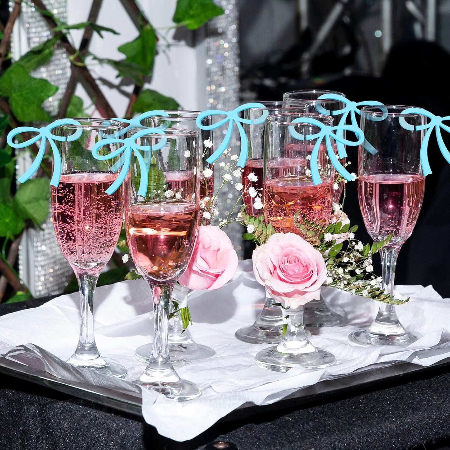 50 Pcs Bows Drink Tags Coquette Bow Wine Glass Charms Acrylic Bowknot Drink Tag for Bachelorette Birthday Wedding Coquette Tasting Party Decor Accessory(Blue)