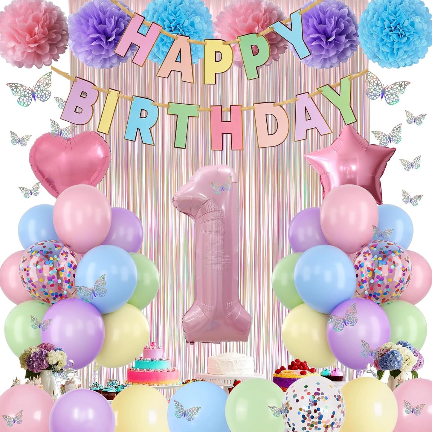 Pastel 1st Birthday Party Decorations for Girls Number 1 Balloon Happy Birthday Banner Butterfly Stickers Fringe Curtain Paper Pom Poms Macaron Pink Star Foil Colorful Balloons Baby 1 Year Old Decor