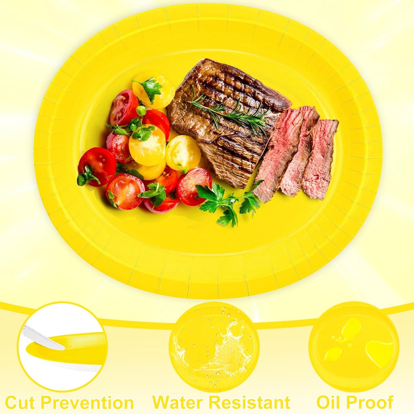 50 Pcs Party Decorations, 12.2'' X 10.2'' Oval Large Paper Plates, Yellow Disposable Paper Plates, Heavy Duty Paper Plates for Birthday Party Wedding Picnic Baby Shower Barbecue Holiday Daily Use