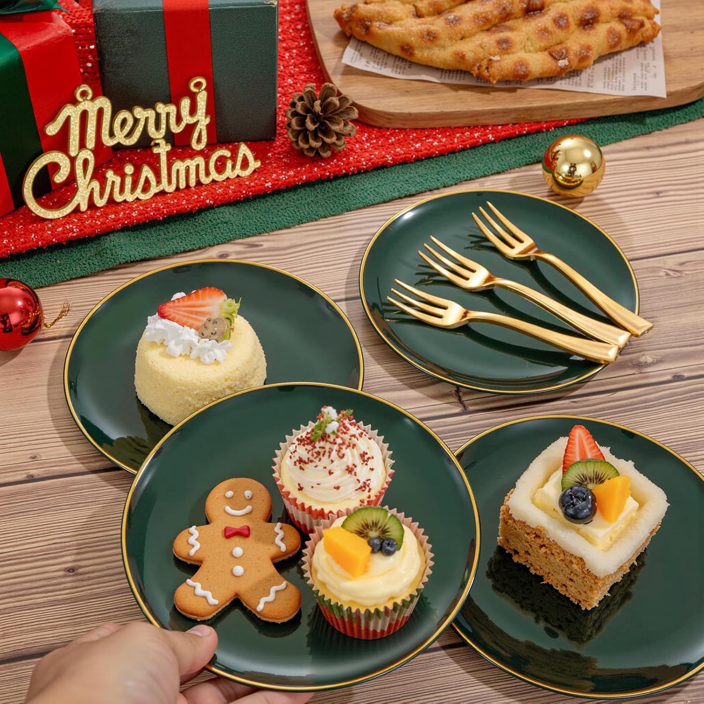 Festiva 200Pcs Green Dessert Plates 6.3" with Plastic Forks 5"- Small Disposable Plates- Dessert/Cake/Appetizer Plastic Plates include 100Plates 100Forks for Christmas Party&New Year