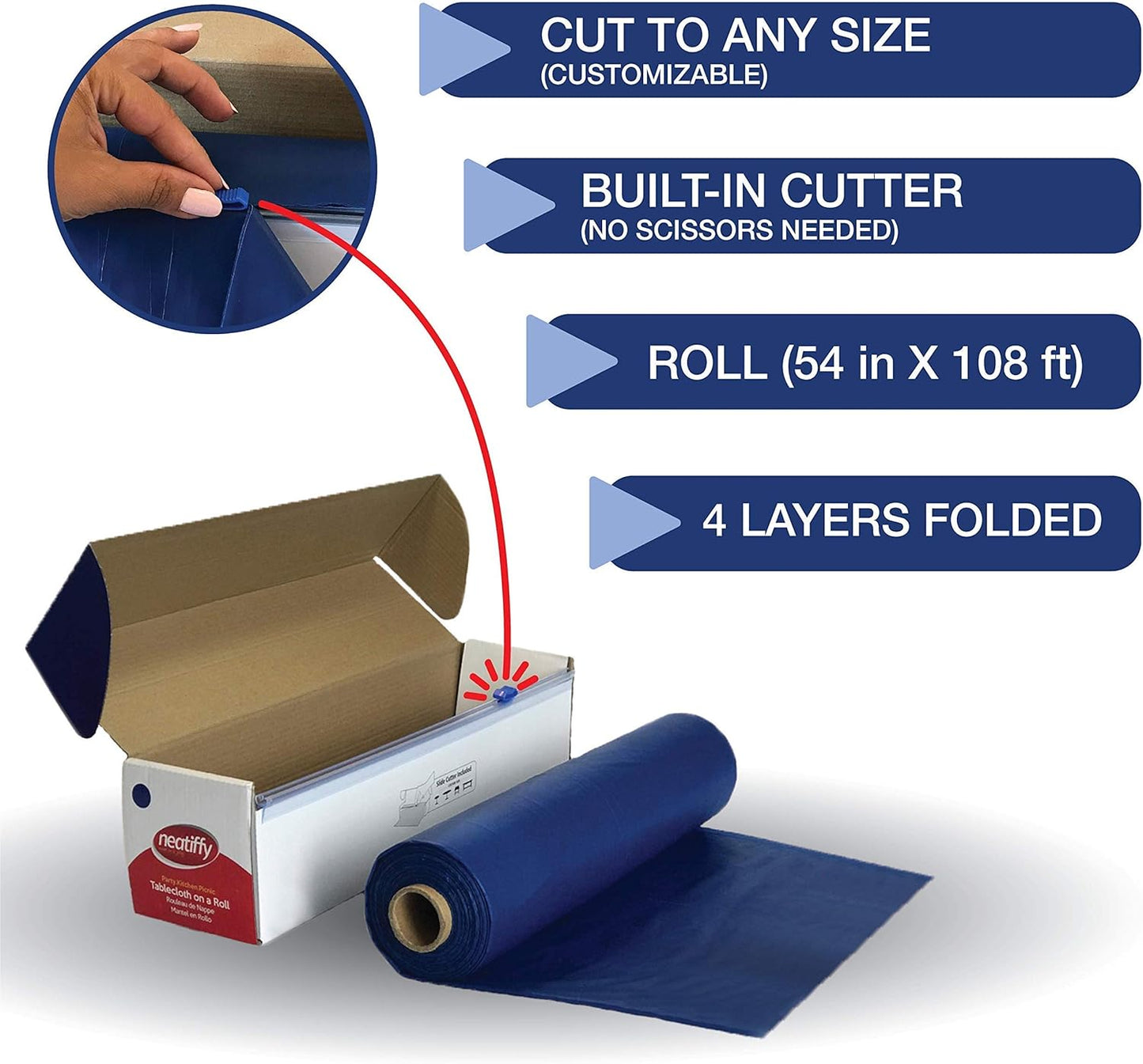 Neatiffy Disposable Plastic Table Cloth Roll | 54 in x 108 Ft Waterproof Tablecloth | Table Cover for Rectangle, Square, Round Oval Tables | Picnic, Party, Banquet, Birthdays, Weddings - Royal Blue