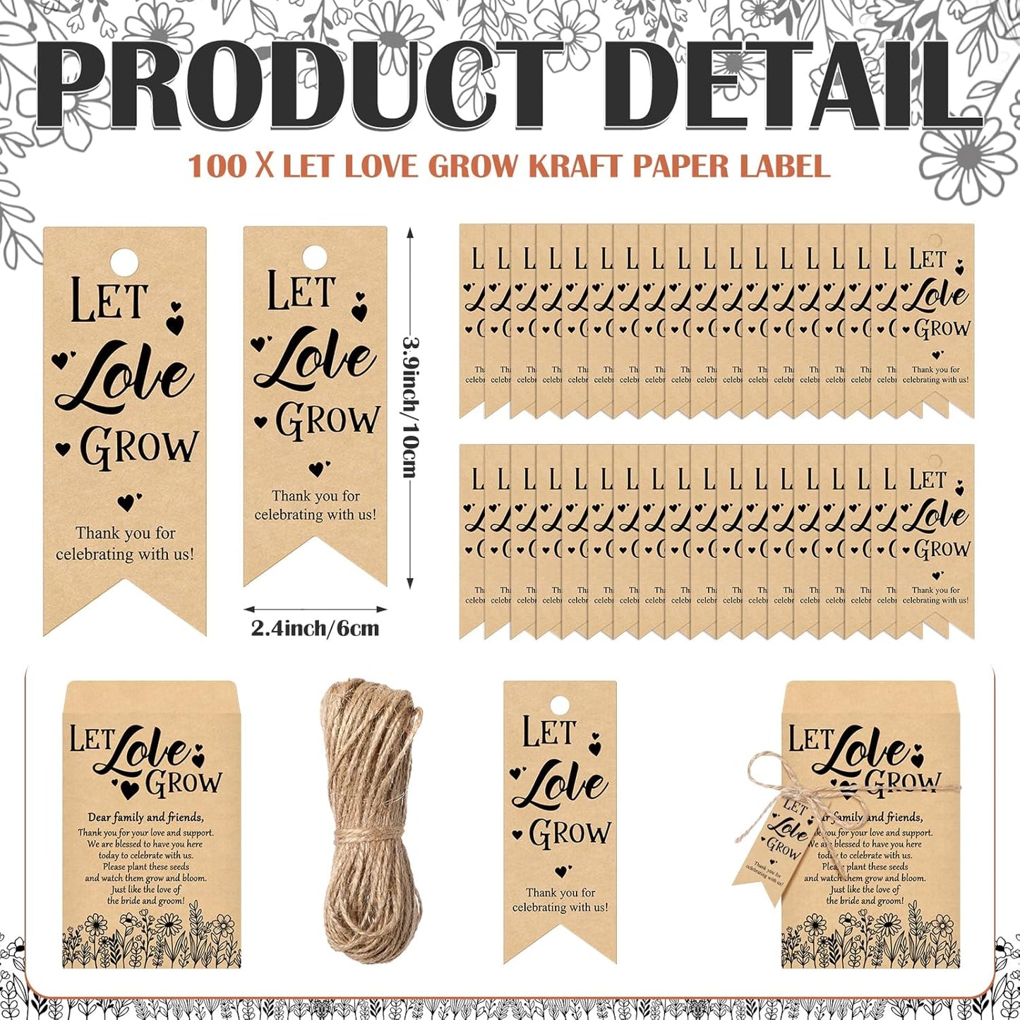 100 Sets Let Love Grow Wedding Favors for Guests Wedding Thank You Gifts Bulk Include Flower Seed Packets Tags and Hemp Ropes Craft Envelops for Bridal Shower Engagement Party Favors