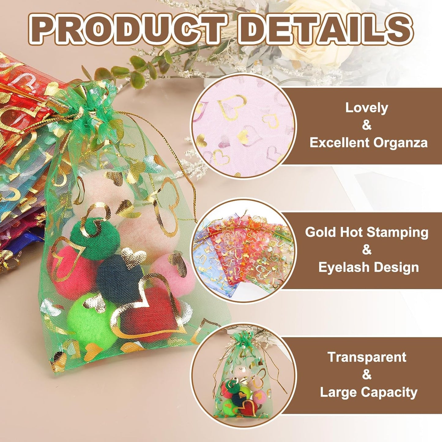 PATIKIL 100 Pcs 5x7 Inch Heart Printed Organza Bags, Gold Sheer Heart Organza Bags with Drawstring for Christmas Candy Jewelry Party Wedding Favor Gift