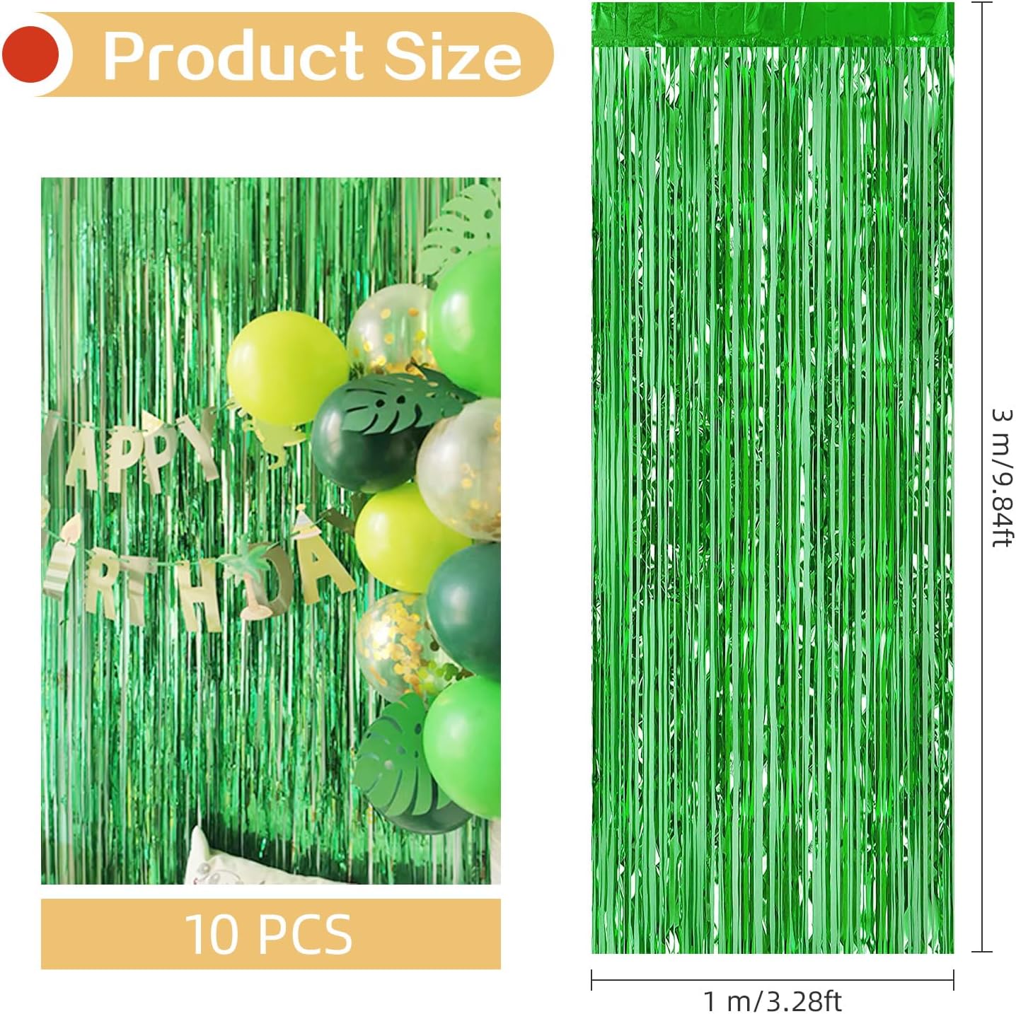 10 Pack Green Foil Curtain Backdrop 3.2ft x 9.8ft Metallic Tinsel Foil Fringe Curtains Streamer Photo Booth Backdrop for Birthday Party Engagement Bachelorette Party Decorations (Green)