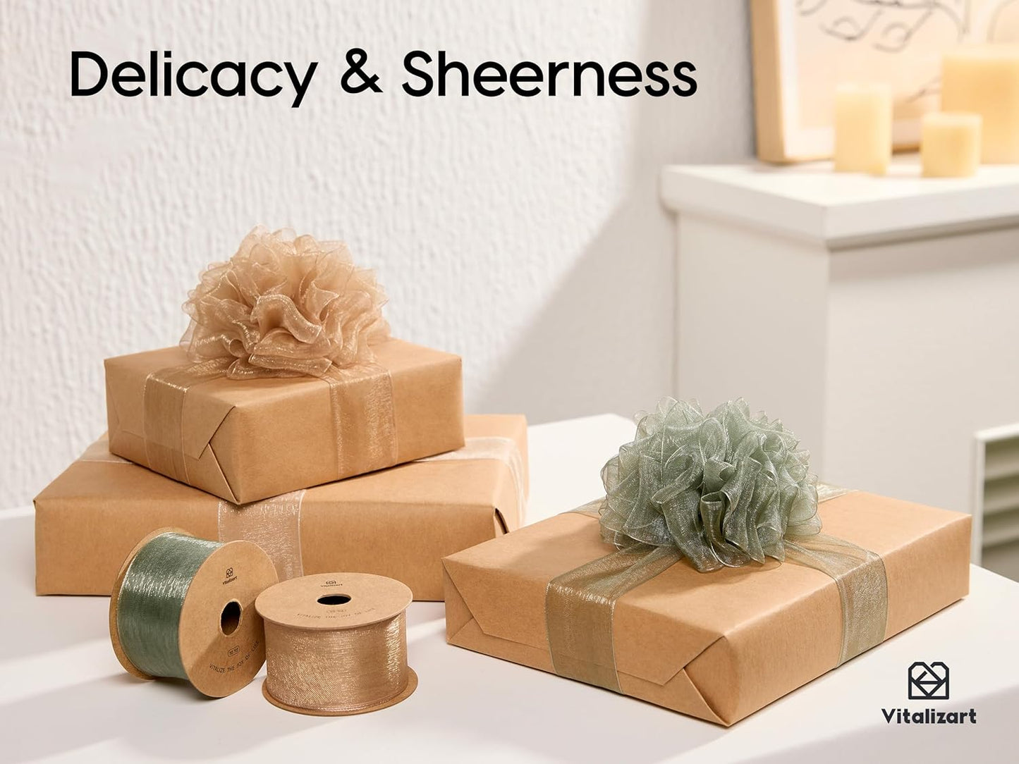 Vitalizart Organza Ribbon 1.5" x 30 Yd Cream White Rose Gold & Dusty Green Sheer Ribbons for Gift Wrapping Crafts Christmas Party Decor Bows Wedding Invitations Wreaths Bouquet