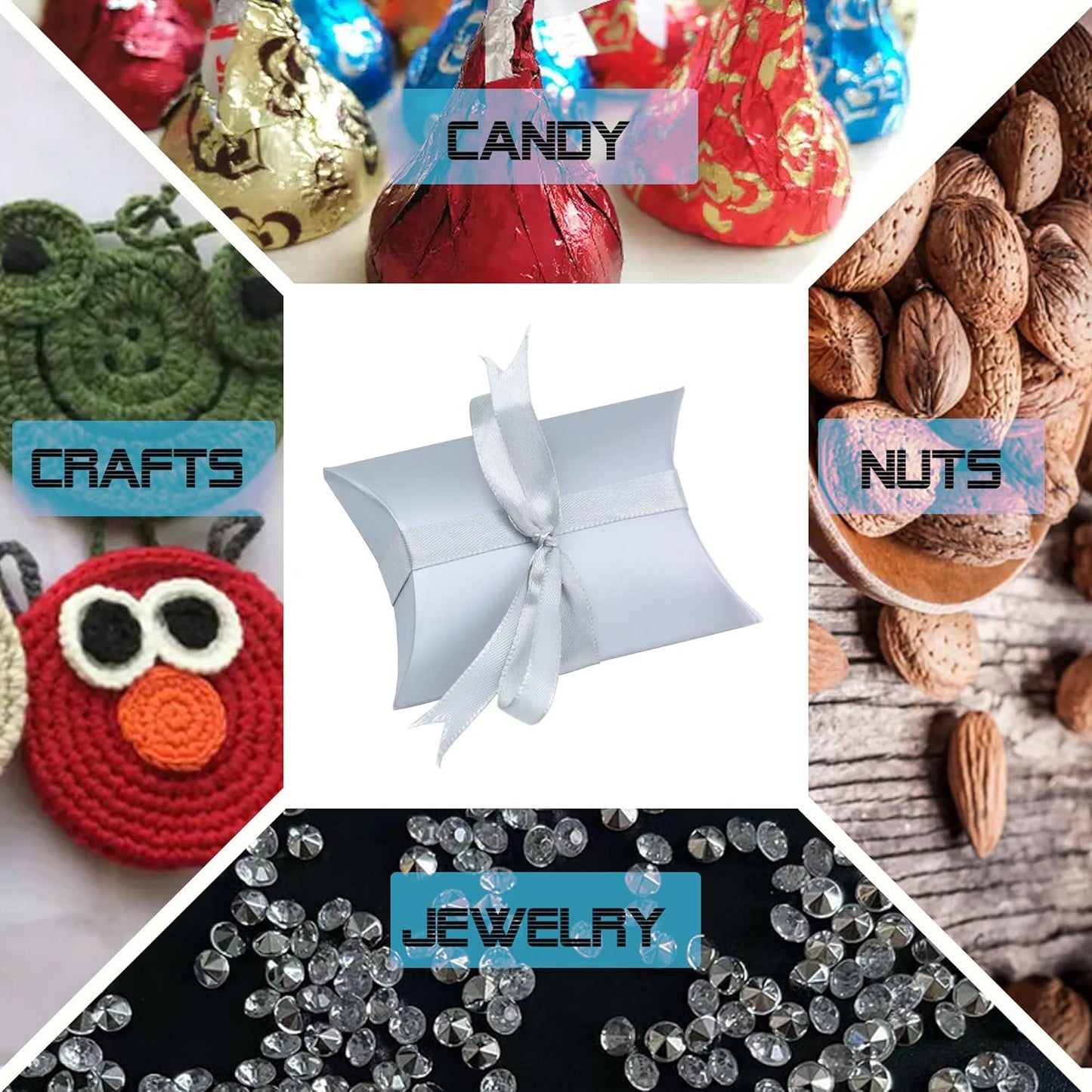 Aokbean 100 Pack Mini Pillow Candy Box Small Gift Boxes with 50 Yards Ribbon for Christmas Wedding Party Favor Gift, Jewelry or Soap Packaging (Pure Silver)