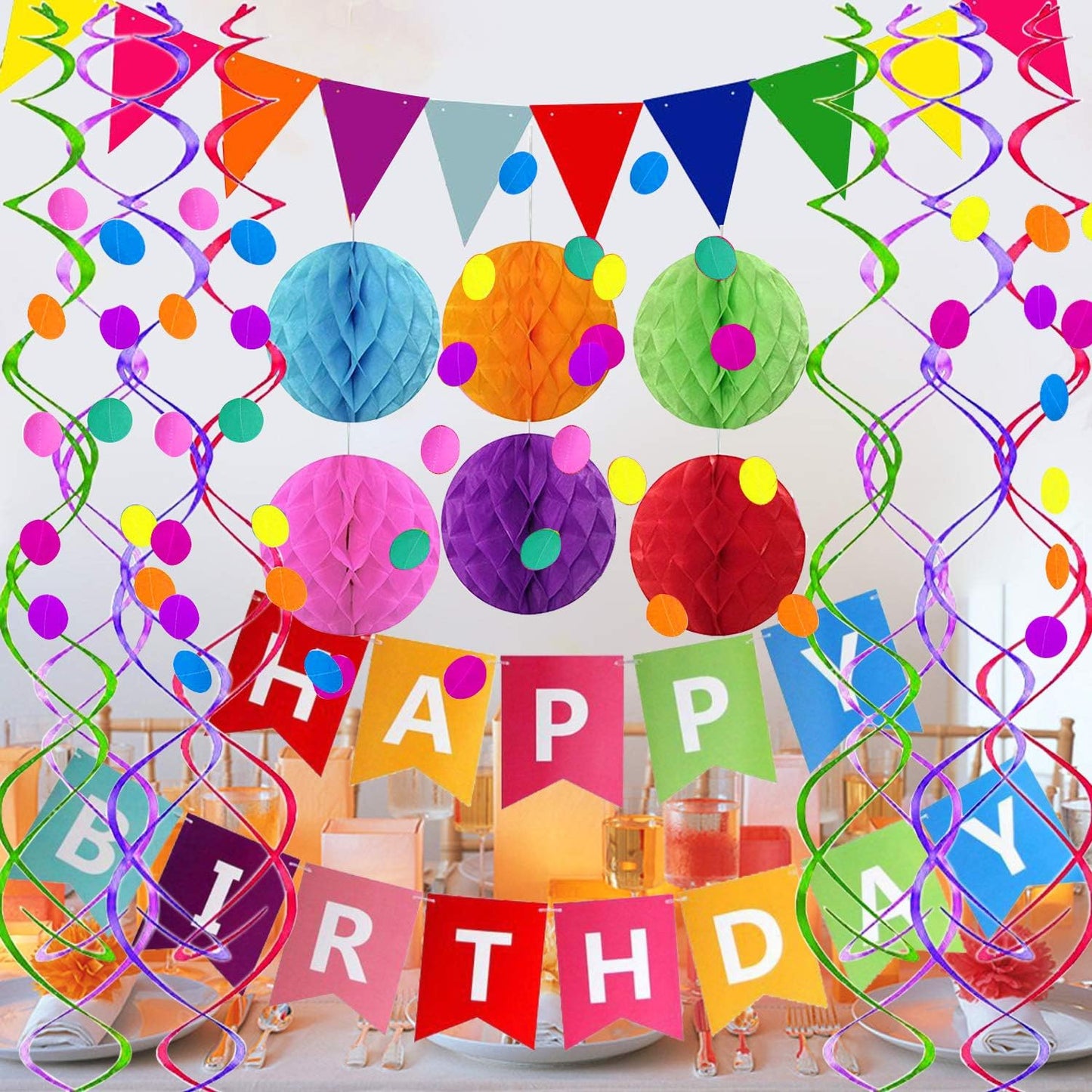 Happy Birthday Banner With Colorful Paper Flag Bunting Paper Circle Confetti Garland Swirl Streamers Honeycomb ball for Birthday Party Decorations