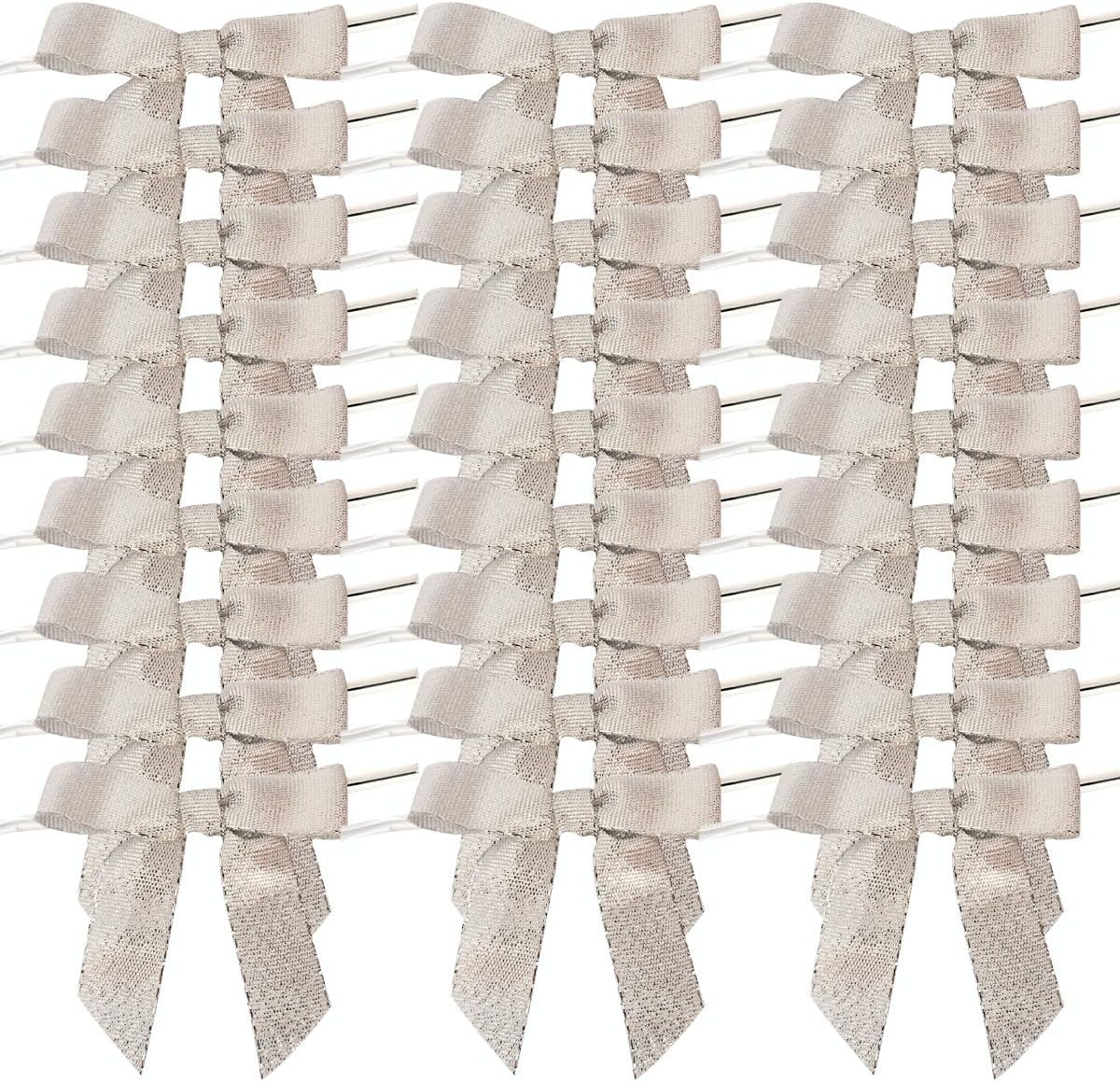 50pcs 2-1/2" Metallic Satin Silver Bows for Crafts Pretaied Christmas Bows with Twist Ties Hot Cut Tails for Christmas Decoration (Silver)