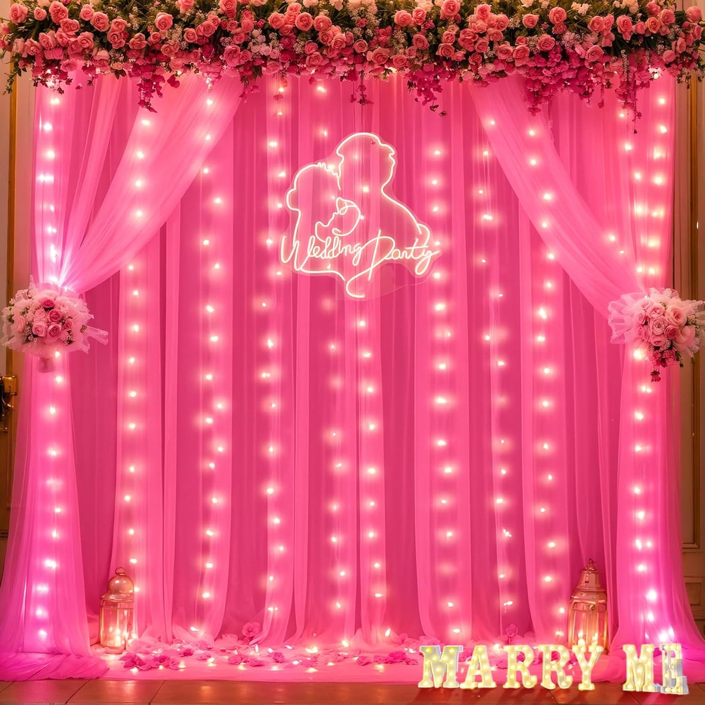 10ft x 10ft Hot Pink Tulle Photo Backdrop Curtain with Lights String for Parties Wedding Sheer Fuchsia Curtain Backdrop for Birthday Party Bridal Shower Photo Booth Photography Background Decorations
