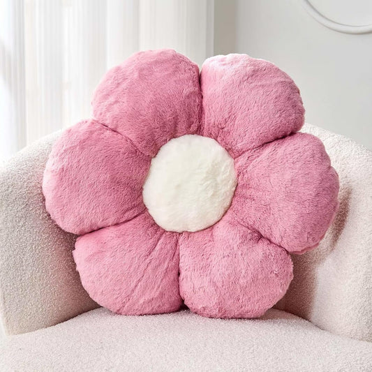 Dusty Rose Flower Pillow, Cute Decorative Flower Shaped Throw Pillow with Faux Rabbit Fur, 19.6" Soft Flower Plush Throw Pillow Floor Pillows Room Décor for Bedroom Living Room
