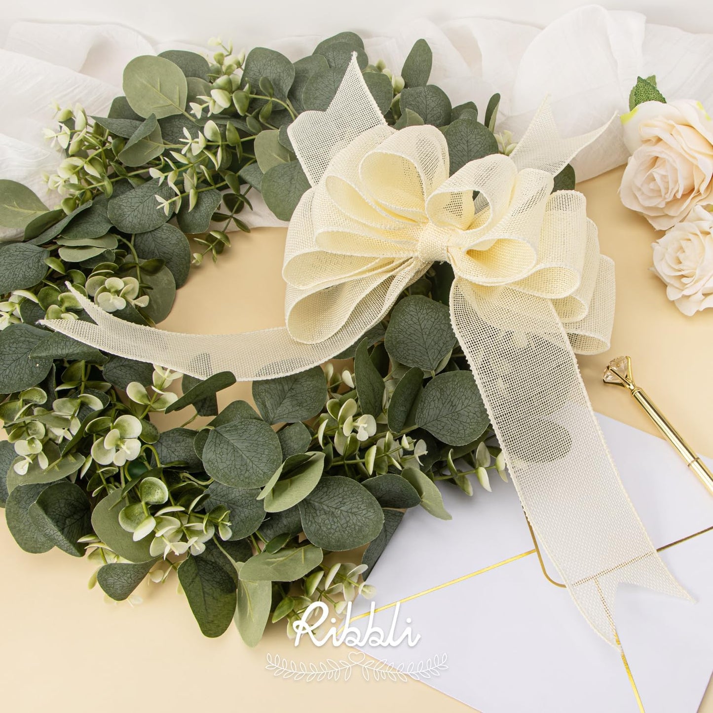 Ribbli Cream Burlap Wired Ribbon,1-1/2 Inch x 10 Yard, Ivory Wired Burlap Ribbon for Big Bow,Wreath,Tree Decoration,Outdoor Decoration