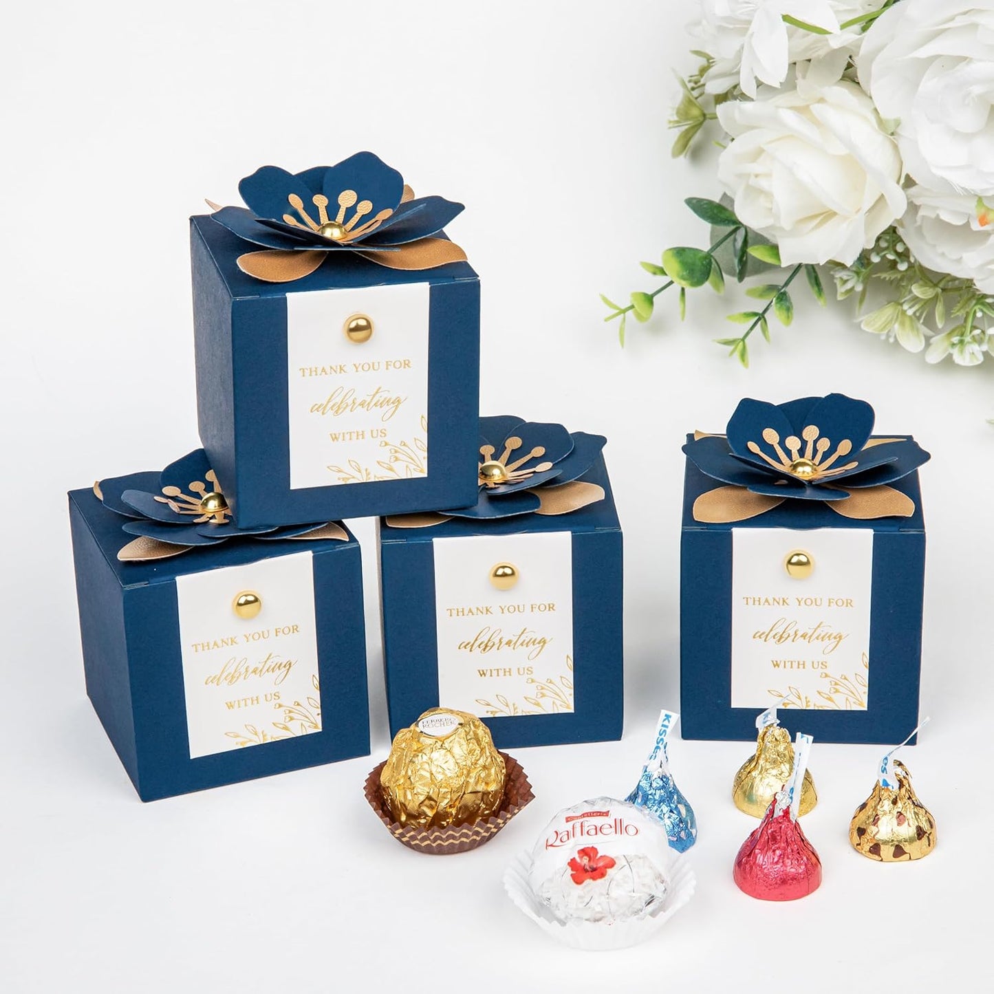 FEIYI 20 PCS Favor Boxes, 3 In 1 Navy Blue Candy Boxes with Floral Decor, White Thank You Tags Gold Foil Print Gift wrapping for Wedding, Baby Shower, Birthday, Decorations Party - 2.55x2.55x2.55