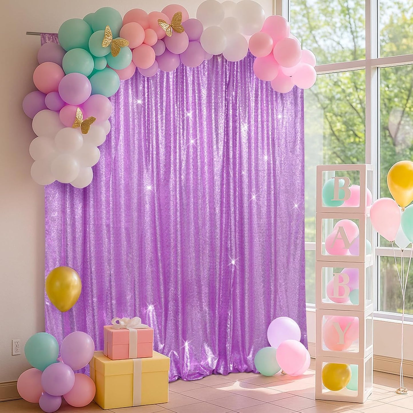 SquarePie Sequin Backdrop Less Transparent Background Sparkly Curtain for Wedding Party 7FT x 7FT Lavender