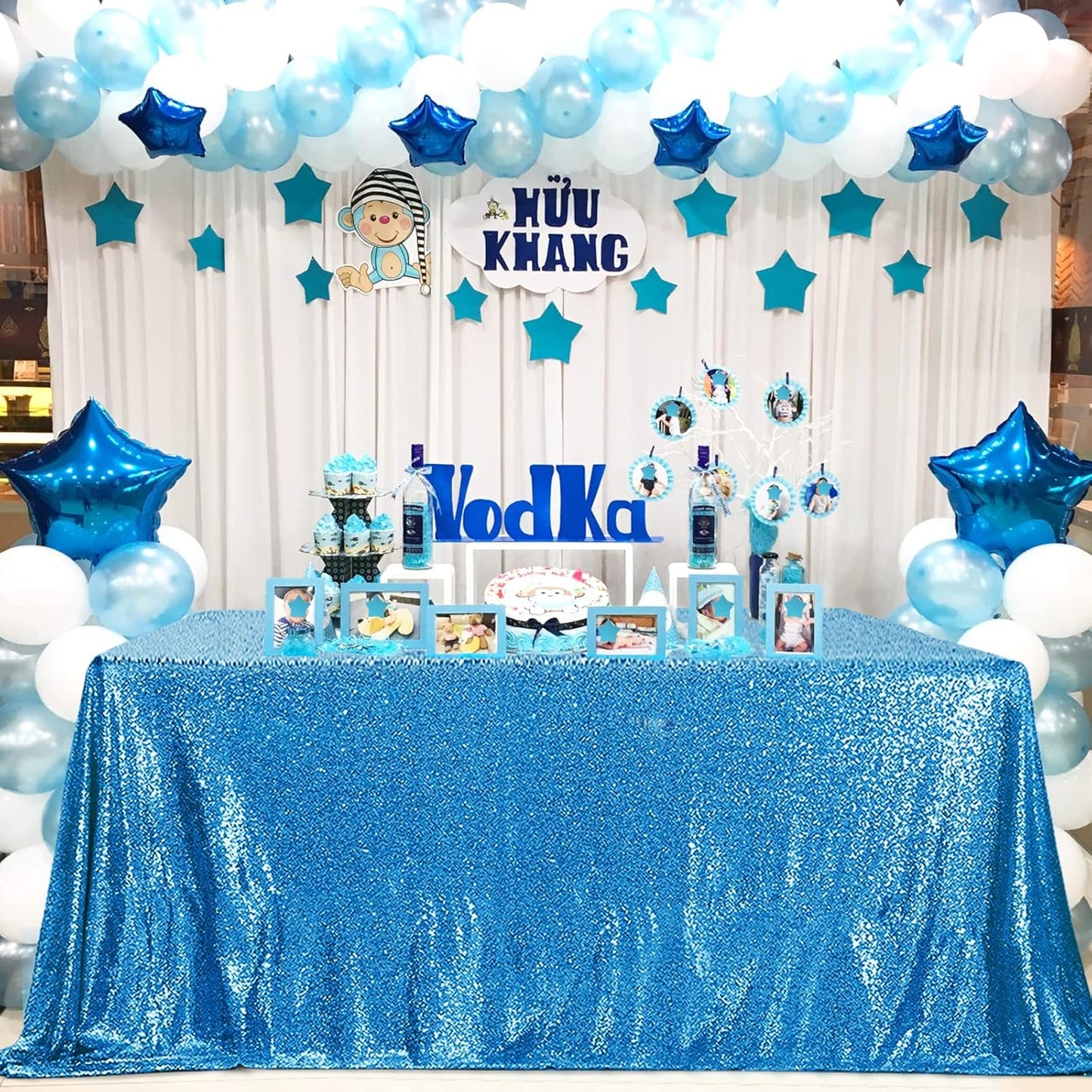 QueenDream Sparkly Sequin Tablecloth - Aqua Blue Table Cloth 50x80 Inches Rectangle Table Overlay Fabric for Birthday Parties Baby Shower Decoration