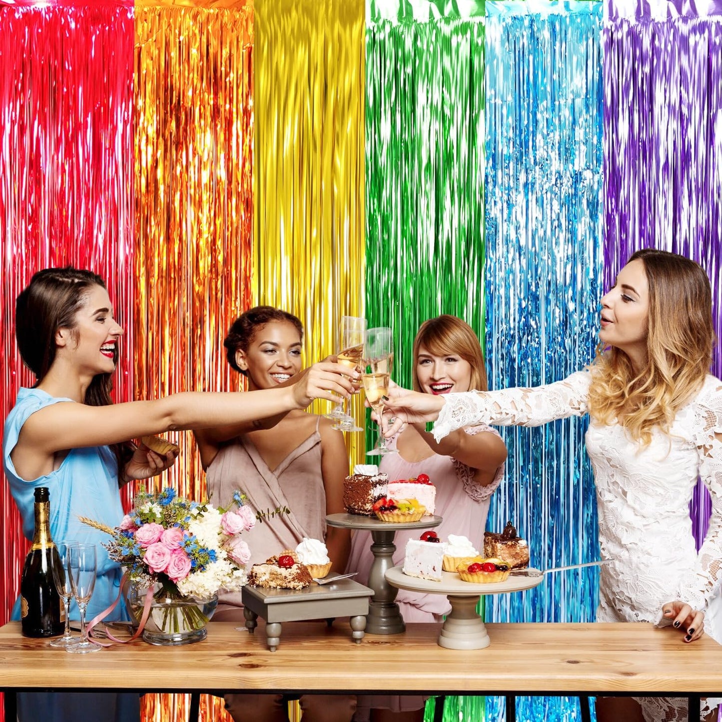 GOER 3.2 ft x 8.2 ft Metallic Tinsel Foil Fringe Curtains Party Photo Backdrop Party Streamers for Birthday,Graduation,New Year Eve Decorations Wedding Decor (4 Packs,Rainbow Colors)