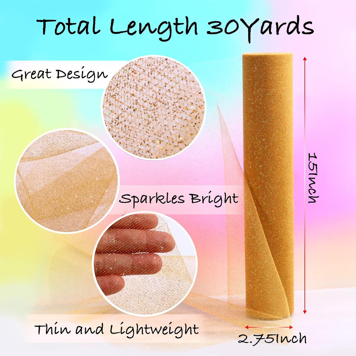 Sparkling Tulle Rolls, 15” by 30 Yards (90FT) Glitter Tulle Spool Ribbon Fabric for Wedding Birthday Bridal Shower Tutu Skirt Party Gift Wrapping (Gold)