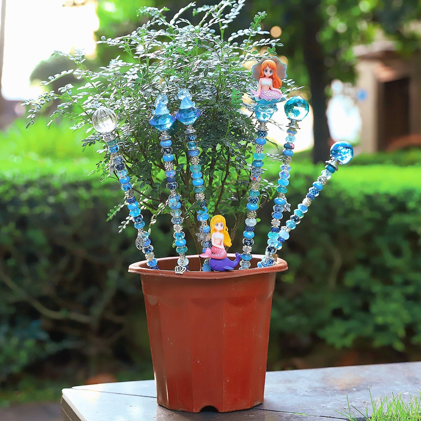 158 Pcs DIY Fairy Wand Garden Stakes Kit,Multiple Color Scheme European Beads Crystal Diamond Tops and 12 or 10 Inch Threaded Rods,Stainless Steel Stakes with Diamond Toppe(Aqua)